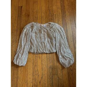 New Endless Rose Top Womens XS Nude Sequin Blouson Balloon Sleeve Crop HN506T